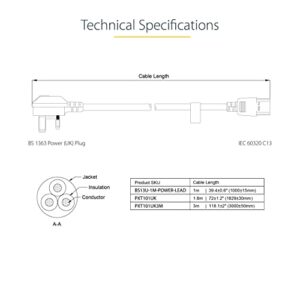 StarTech.com 6ft (1.8m) UK Computer Power Cable, 18AWG, BS 1363 to C13, 10A 250V, Black Replacement AC Power Cord, Kettle Lead / UK Power Cord, PC Power Supply Cable, TV/Monitor Power Cable (PXT101UK)