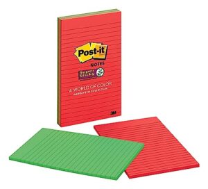 post-it super sticky notes, 5x8 in, 2 pads, 2x the sticking power, marrakesh collection, primary colors (red, yellow, green, blue, purple), recyclable (5845-ssan)