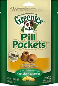 greenies pill pockets capsule size natural dog treats with chicken flavor, (6) 7.9 oz. packs (180 treats)