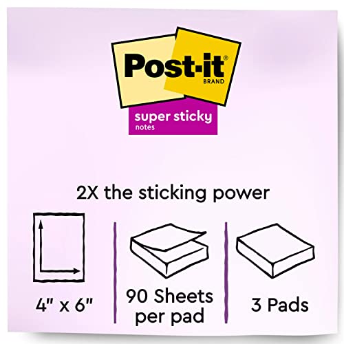 Post-it Super Sticky Notes, 4x6 in, 3 Pads, 2x the Sticking Power, Energy Boost Collection, Bright Colors, Recyclable (660-3SSUC)