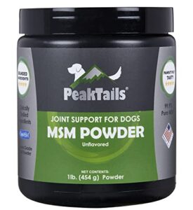 peaktails msm powder for dogs, 1 lb, hip and joint support supplement, 99.9% pure distilled msm, made in the usa