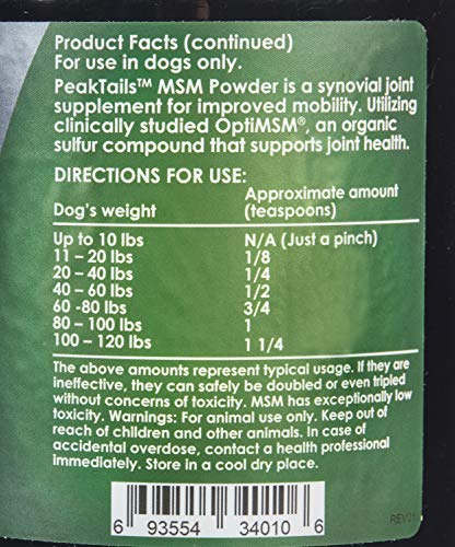 PeakTails MSM Powder for Dogs, 1 lb, Hip and Joint Support Supplement, 99.9% Pure Distilled MSM, Made in The USA