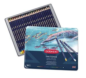 derwent inktense pencils tin, set of 24, great for holiday gifts, 4mm round core, firm texture, watersoluble, ideal for watercolor, drawing, coloring and painting on paper and fabric (0700929)