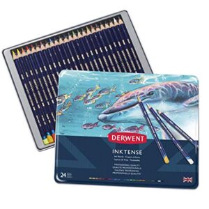 Derwent Inktense Pencils Tin, Set of 24, Great for Holiday Gifts, 4mm Round Core, Firm Texture, Watersoluble, Ideal for Watercolor, Drawing, Coloring and Painting on Paper and Fabric (0700929)