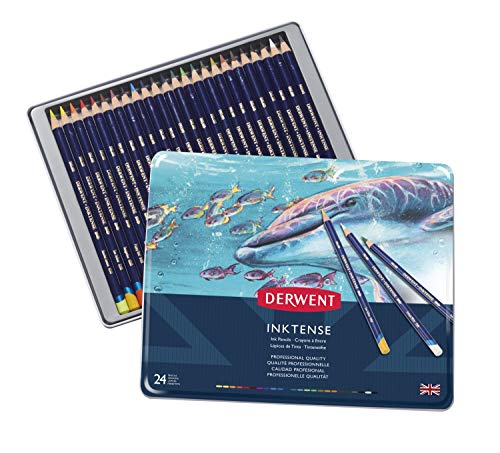 Derwent Inktense Pencils Tin, Set of 24, Great for Holiday Gifts, 4mm Round Core, Firm Texture, Watersoluble, Ideal for Watercolor, Drawing, Coloring and Painting on Paper and Fabric (0700929)