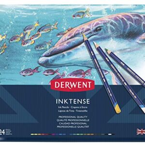 Derwent Inktense Pencils Tin, Set of 24, Great for Holiday Gifts, 4mm Round Core, Firm Texture, Watersoluble, Ideal for Watercolor, Drawing, Coloring and Painting on Paper and Fabric (0700929)