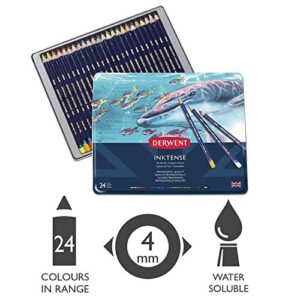 Derwent Inktense Pencils Tin, Set of 24, Great for Holiday Gifts, 4mm Round Core, Firm Texture, Watersoluble, Ideal for Watercolor, Drawing, Coloring and Painting on Paper and Fabric (0700929)