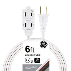 ge home electrical 3-outlet power strip, 6 ft extension cord, 2 prong, 16 gauge, twist-to-close safety outlet covers, indoor rated, perfect for home, office or kitchen, ul listed, white, 51937