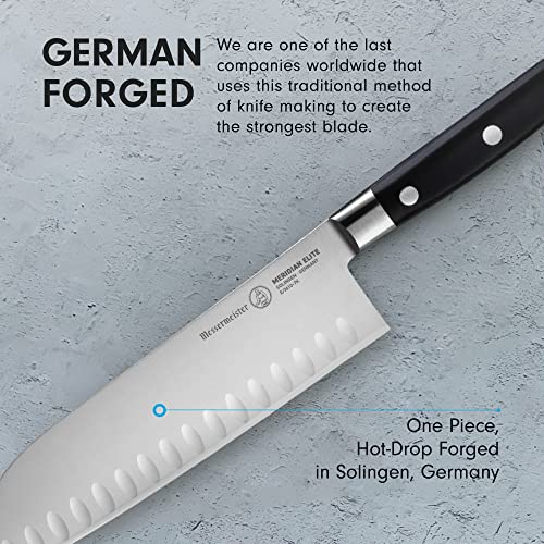 Messermeister Meridian Elite 7” Kullenschliff Santoku Knife - Japanese Chef’s Knife - German Steel Alloy Blade - Rust Resistant & Easy to Maintain