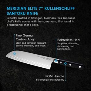 Messermeister Meridian Elite 7” Kullenschliff Santoku Knife - Japanese Chef’s Knife - German Steel Alloy Blade - Rust Resistant & Easy to Maintain