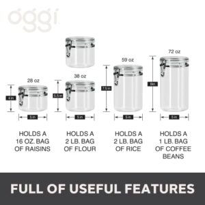 Oggi 5pc Clear Canister Set with Clamp Lids Airtight Containers in Sizes Ideal for Kitchen & Pantry Storage of Bulk, Dry Foods Including Flour, Sugar, Coffee, Rice, Tea, Spices & Herbs