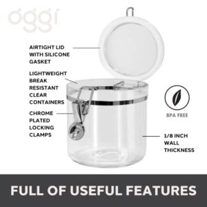 Oggi 5pc Clear Canister Set with Clamp Lids Airtight Containers in Sizes Ideal for Kitchen & Pantry Storage of Bulk, Dry Foods Including Flour, Sugar, Coffee, Rice, Tea, Spices & Herbs