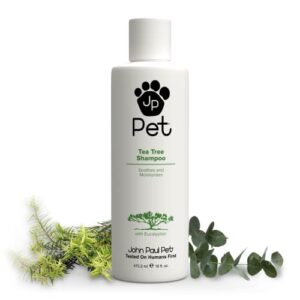 john paul pet australian tea tree and eucalyptus oil shampoo for dogs and cats, cleanses moisturizes and soothes skin irritations, 16-ounce, clear (jps5484)