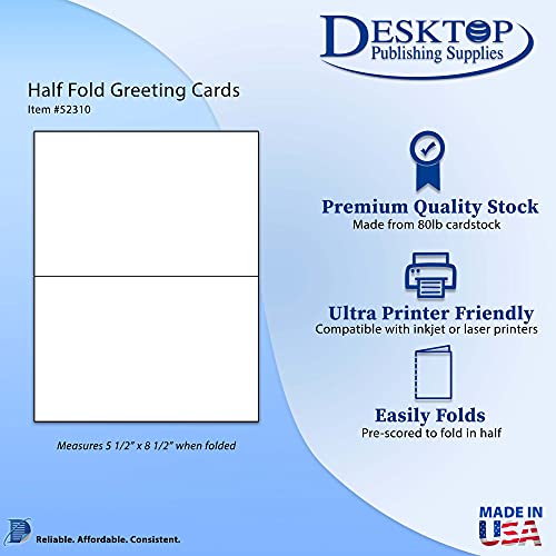 80lb White Half Fold Greeting Cards - 100 Cards - Desktop Publishing Supplies, Inc.™ Brand