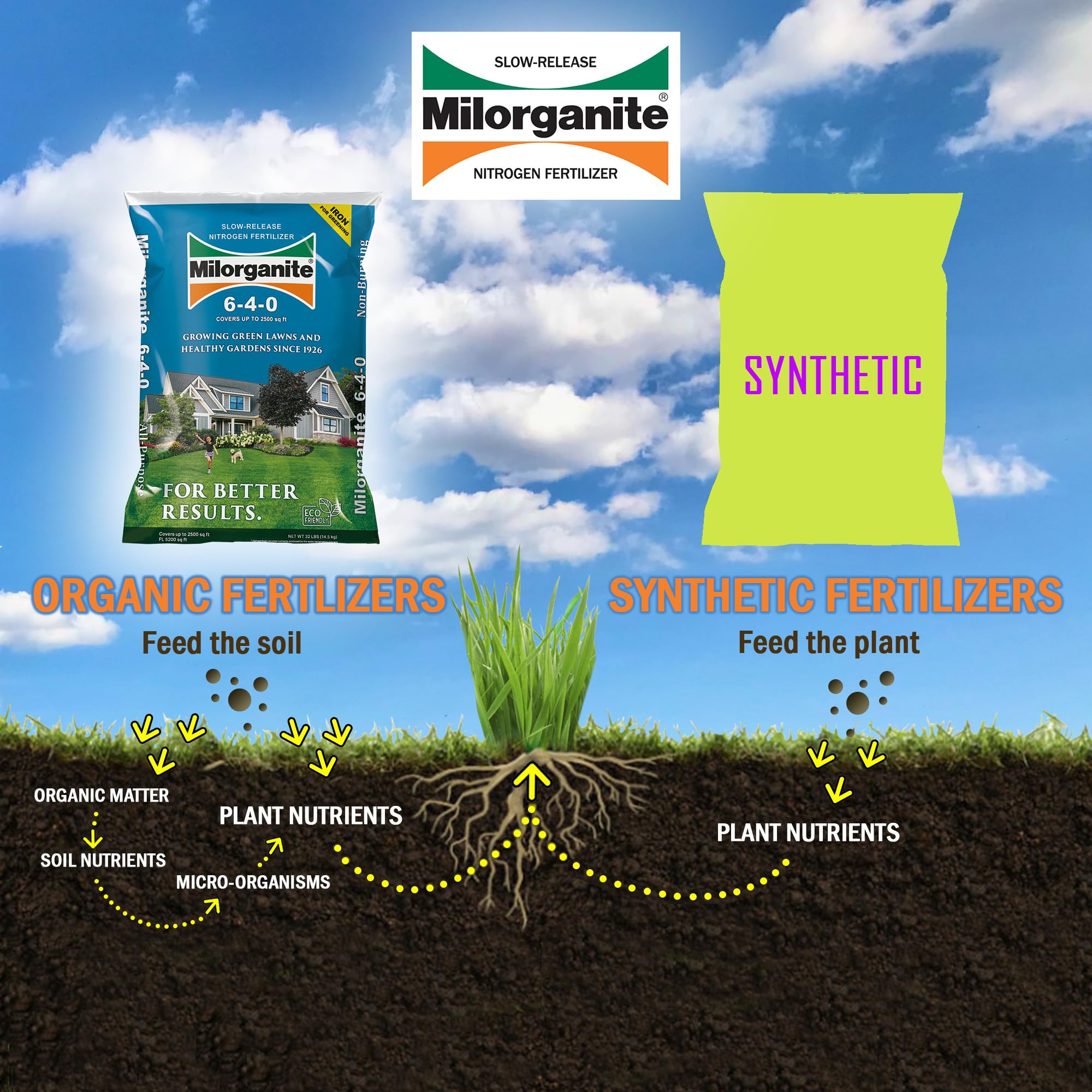 Milorganite All-Purpose Eco-Friendly Slow-Release Salt-Free Nitrogen 6-4-0 Fertilizer Plant Food, Covers 2,500 Sq. Ft, for Flowers, Gardens, and Lawns, 32 Pound Bag