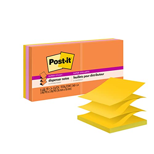 Post-it Super Sticky Pop-upNotes, 3x3 in, 6 Pads, 2x the Sticking Power, Energy Boost Collection, Bright Colors (Orange, Pink, Blue, Green),Recyclable (R330-6SSUC)