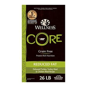 wellness core grain-free high-protein dry dog food, natural ingredients, made in usa with real meat, all breeds, for adult dogs (reduced fat, 26-pound bag)
