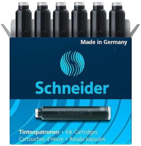 schneider ink cartridge, standard format, ball closure, refill for fountain and cartridge rollerball pens, black ink, box of 6 cartridges (6601)