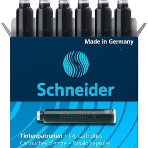 Schneider Ink Cartridge, Standard Format, Ball Closure, Refill for Fountain and Cartridge Rollerball Pens, Black Ink, Box of 6 Cartridges (6601)