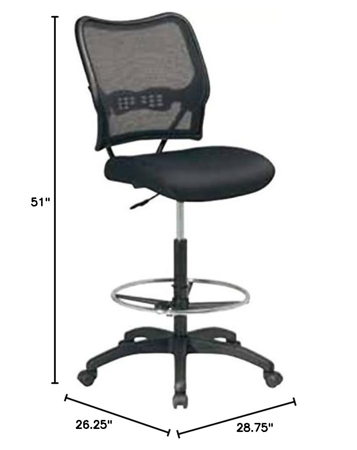 SPACE Seating Deluxe AirGrid Back with Mesh Seat, Adjustable Footring, Pneumatic Seat Height Adjustment and Nylon Base Drafting Chair, Black