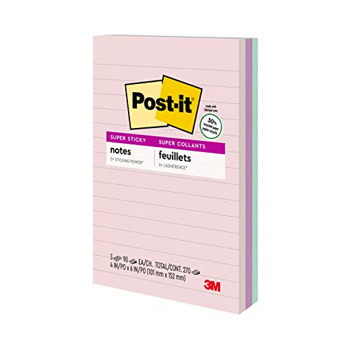 Post-it Super Sticky Recycled Notes, 4x6 in, 3 Pads, 2x the Sticking Power, Wanderlust Collection, Pastel Colors, 30% Recycled Paper (660-3SSNRP)