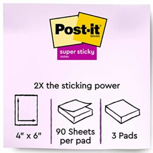 Post-it Super Sticky Recycled Notes, 4x6 in, 3 Pads, 2x the Sticking Power, Wanderlust Collection, Pastel Colors, 30% Recycled Paper (660-3SSNRP)