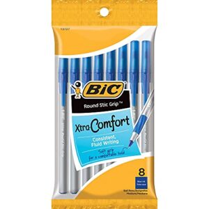 bic round stic grip xtra comfort ballpoint pen, medium point (1.2mm), blue, 8-count