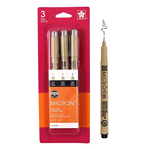 Sakura Pigma 30061 Micron Blister Card Ink Pen Set, Black, Ass't Point Size 3CT Set