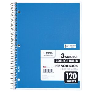 mead spiral notebook, 3-subject, college ruled paper, 8" x 11", 120 sheets per notebook, assorted colors, color will vary, 1 count (06710)