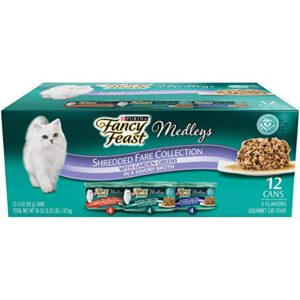 fancy feast medleys wet cat food variety pack, shredded fare collection, (12) 3 oz cans