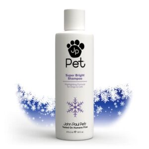 john paul pet super bright shampoo for dogs and cats, highlighting formula safely whitens and brightens fur, 16-ounce