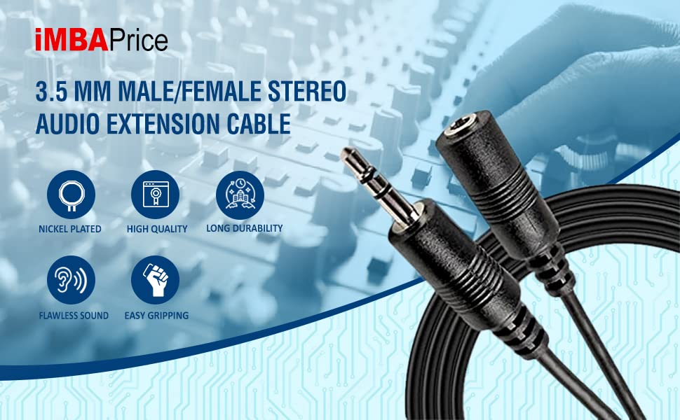 iMBAPrice® 12 Feet Professional Quality Nickel Plated 3.5 mm Male/Female Stereo Audio Extension Cable