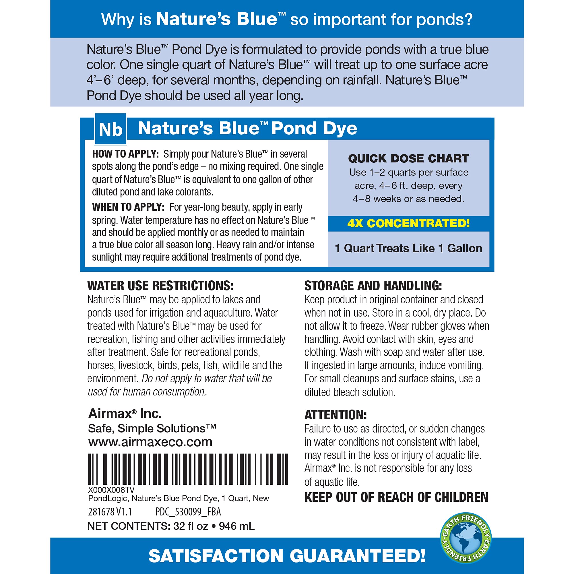 Airmax 4X Concentrated Nature's Blue Liquid Pond Dye, 4X Liquid Concentrate, Treats Like 1 Gallon, Ecofriendly, Clean & Clear Water, No Mixing, Enhances Natural Color, Treats up to 1 Acre, 1 Quart