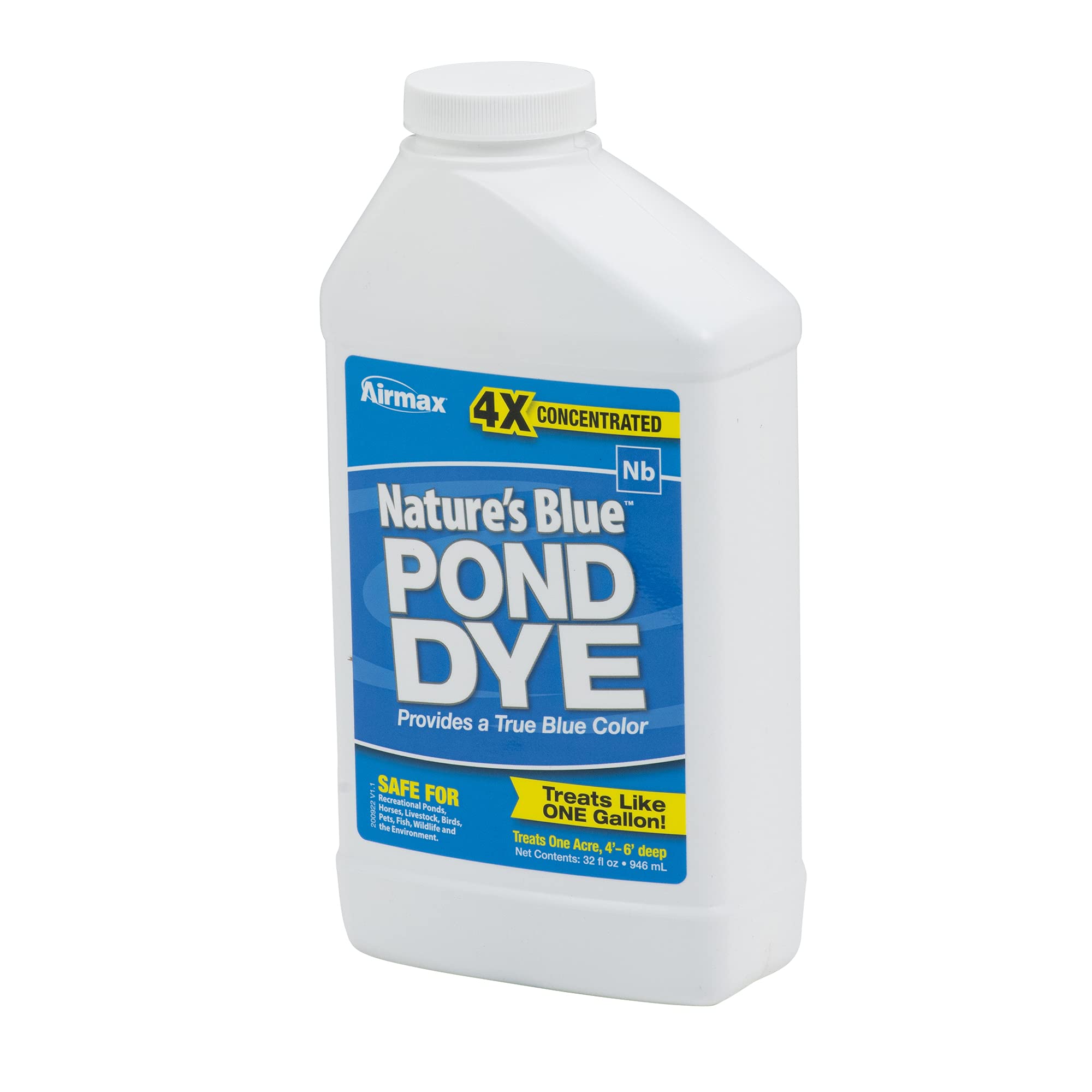 Airmax 4X Concentrated Nature's Blue Liquid Pond Dye, 4X Liquid Concentrate, Treats Like 1 Gallon, Ecofriendly, Clean & Clear Water, No Mixing, Enhances Natural Color, Treats up to 1 Acre, 1 Quart