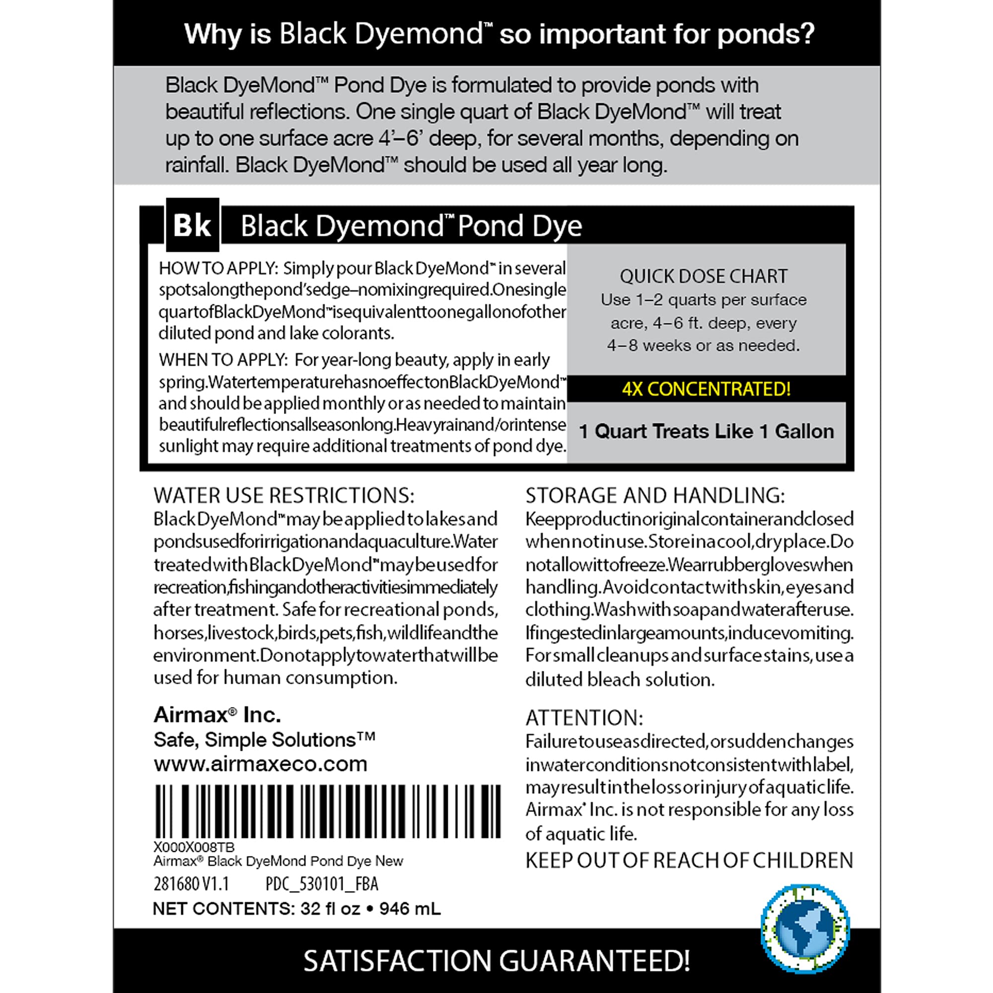 Airmax 4X Concentrated Black DyeMond, 4X Liquid Concentrate, Treats Like 1 Gallon, Ecofriendly, Clean & Clear Water, No Mixing & Easy to Use, Enhances Natural Color, Treats up to 1 Acre, 1 Quart