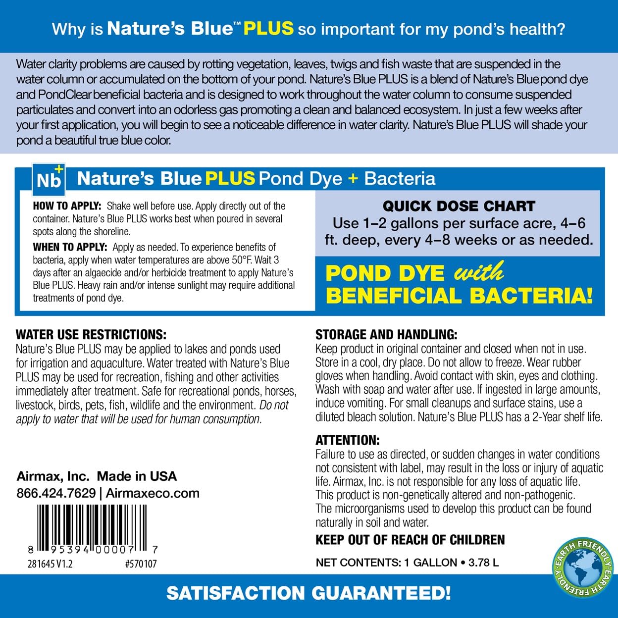 Airmax Nature's Blue Pond Dye Plus with PondClear Beneficial Bacteria, Cleans & Clears Water, Safe for The Environment - 1 Gallon