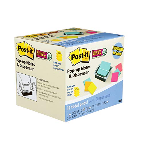 Post-it Sheet Super Sticky Note and Dispenser Value Pack, 3 in x 3 in, 12 Pads, Assorted Colors (DS330-SSVA)