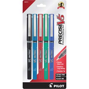 pilot precise v5 stick liquid ink rolling ball stick pens, extra fine point (0.5mm) black/blue/red/green/purple inks, 5-pack (26013)