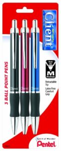 pentel client retractable ballpoint pen, assorted barrel colors, black ink, medium point, 3 pack (bk910bp3m)