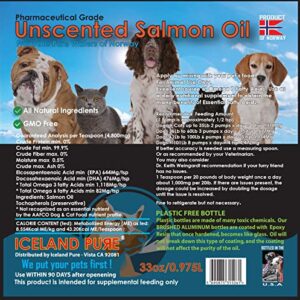 Iceland Pure Unscented Pharmaceutical Grade Salmon Oil - Pure Omega 3, Liquid Food Supplement For Dogs and Cats - BPA-Free Brushed Aluminum Epoxy coated Bottle with Pump 33oz (Pack of 1)