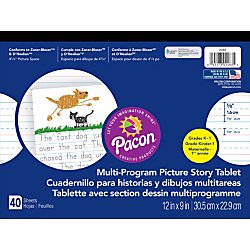 pacon handwriting paper, d'nealian grade k / zaner-bloser grade 1, 5/8" x 5/16" x 5/16" ruled & 4-1/4" picture story space 12" x 9", ruled long, 40 sheets