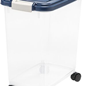 IRIS USA 25 Lbs / 33 Qt WeatherPro Airtight Pet Food Storage Container with Attachable Casters, For Dog Cat Bird and Other Pet Food Storage Bin, Keep Fresh, Translucent Body, Easy Mobility, Navy