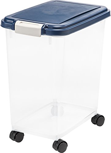 IRIS USA 25 Lbs / 33 Qt WeatherPro Airtight Pet Food Storage Container with Attachable Casters, For Dog Cat Bird and Other Pet Food Storage Bin, Keep Fresh, Translucent Body, Easy Mobility, Navy