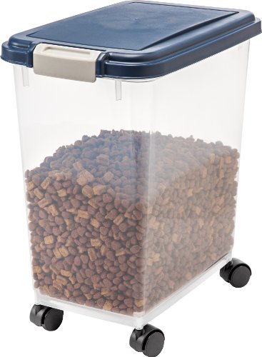 IRIS USA 25 Lbs / 33 Qt WeatherPro Airtight Pet Food Storage Container with Attachable Casters, For Dog Cat Bird and Other Pet Food Storage Bin, Keep Fresh, Translucent Body, Easy Mobility, Navy