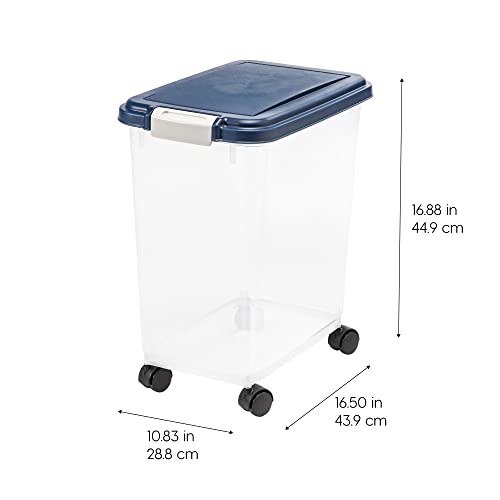 IRIS USA 25 Lbs / 33 Qt WeatherPro Airtight Pet Food Storage Container with Attachable Casters, For Dog Cat Bird and Other Pet Food Storage Bin, Keep Fresh, Translucent Body, Easy Mobility, Navy