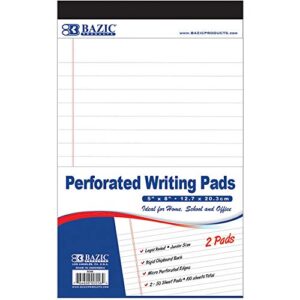 bazic perforated writing pad, 50 sheets 5x8 inch, white jr. lined ruled memo writing pads note paper for office school student, total 2 count