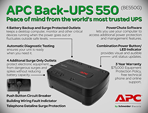 APC UPS Battery Backup for Computer, BE550G Surge Protector with Battery Backup, Dataline Protection