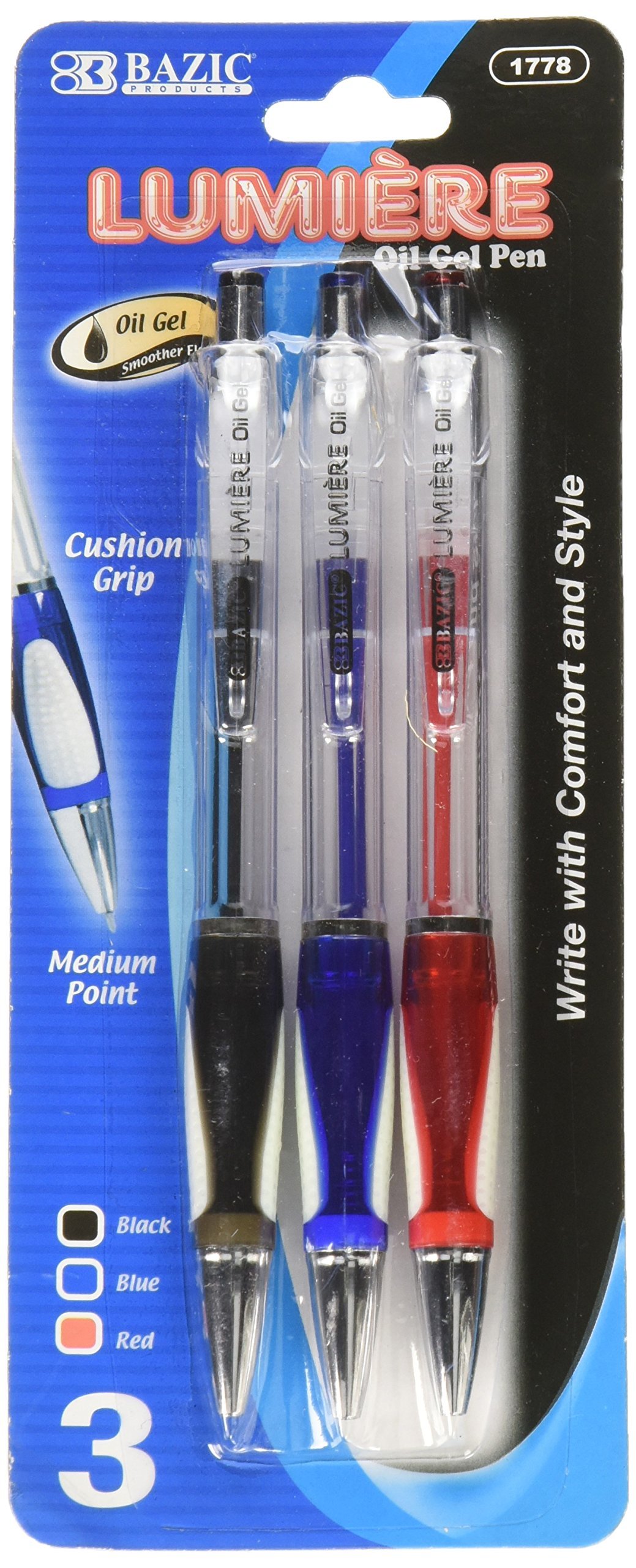 BAZIC Lumiere Asst. Color Retractable Oil-Gel Ink Pen w/ Grip (3/Pack) (1778)