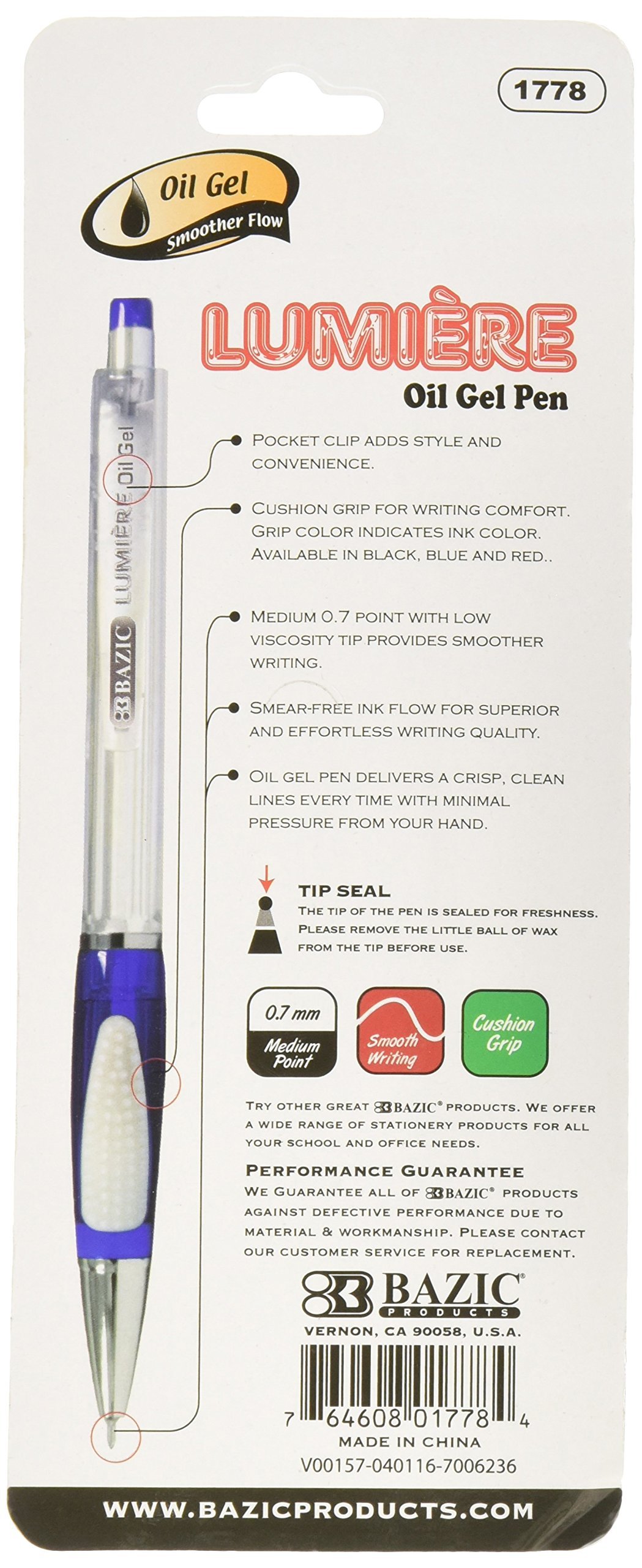 BAZIC Lumiere Asst. Color Retractable Oil-Gel Ink Pen w/ Grip (3/Pack) (1778)