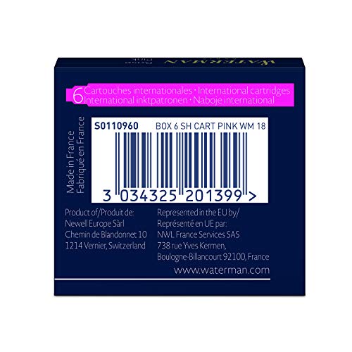 Waterman Fountain Pen Ink Cartridges, Short 'International', Radiant Pink, 6 Count